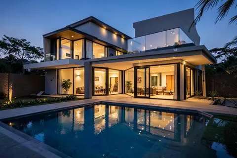 Casa moderna com piscina ao entardecer
