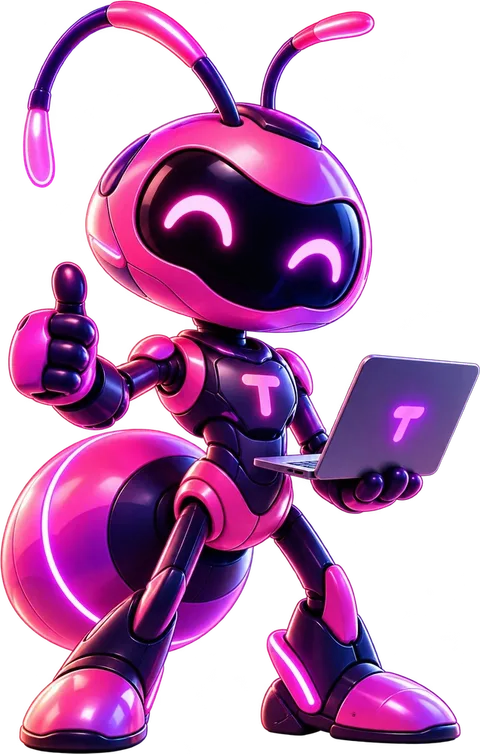 Mascote formiga-robô do Tingle com um notebook
