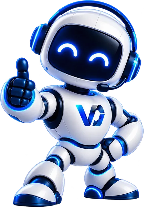 Mascote robô da Voolgo Tech fazendo sinal de positivo